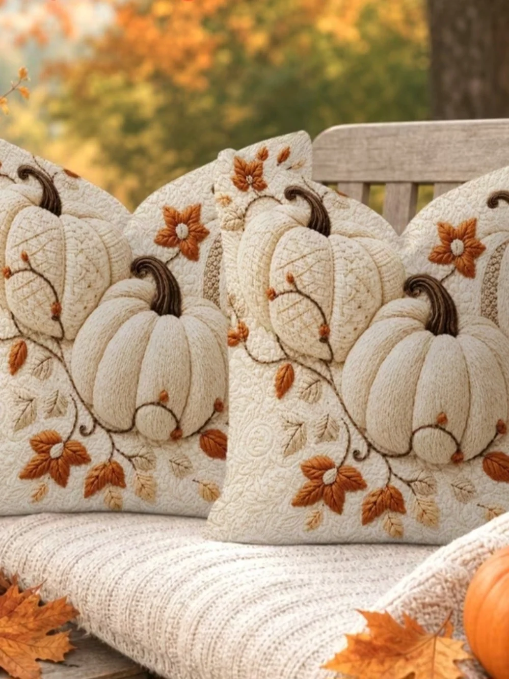 Autumn Pumpkin Embroidered Throw Pillow Covers- Cream and Orange SET OF 2